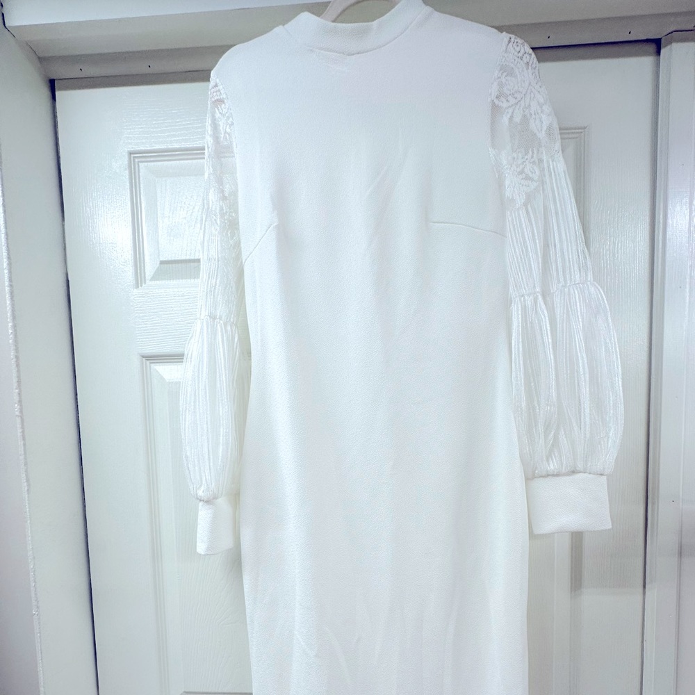 Romwe Women's Mock Neck Long Mesh Sleeve Zipper Back Sheath Dress.White SM